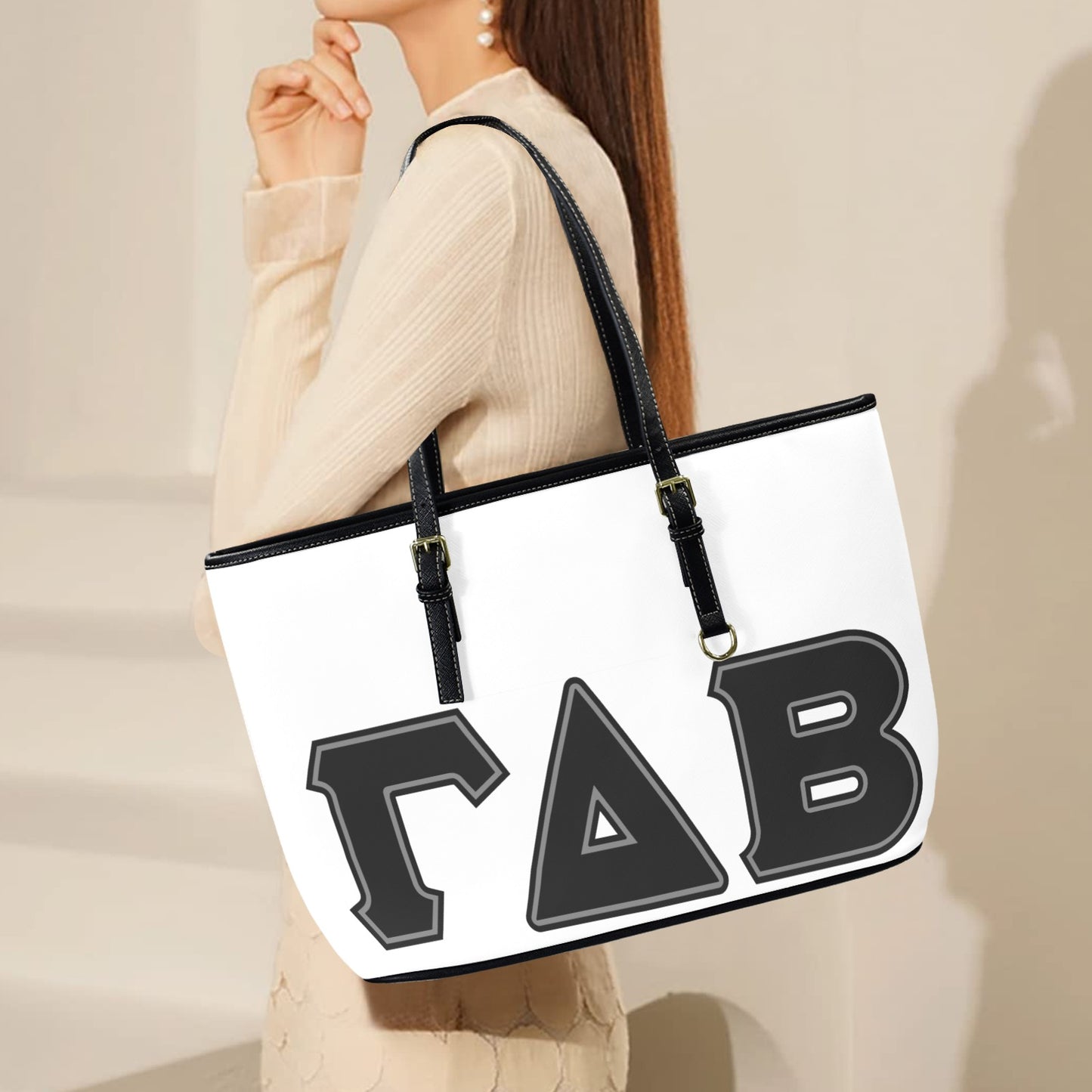 White Gamma Delta Beta Leather Tote Bag-Large