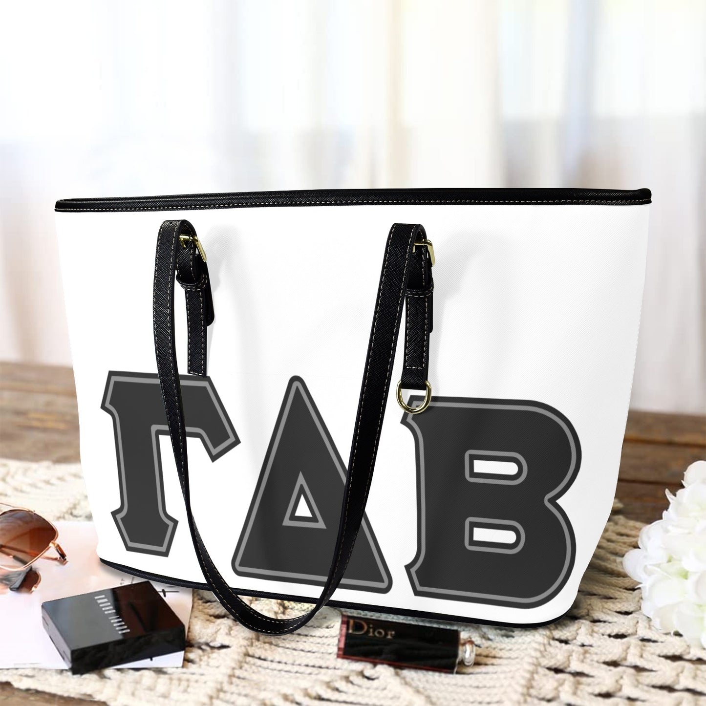 White Gamma Delta Beta Leather Tote Bag-Large